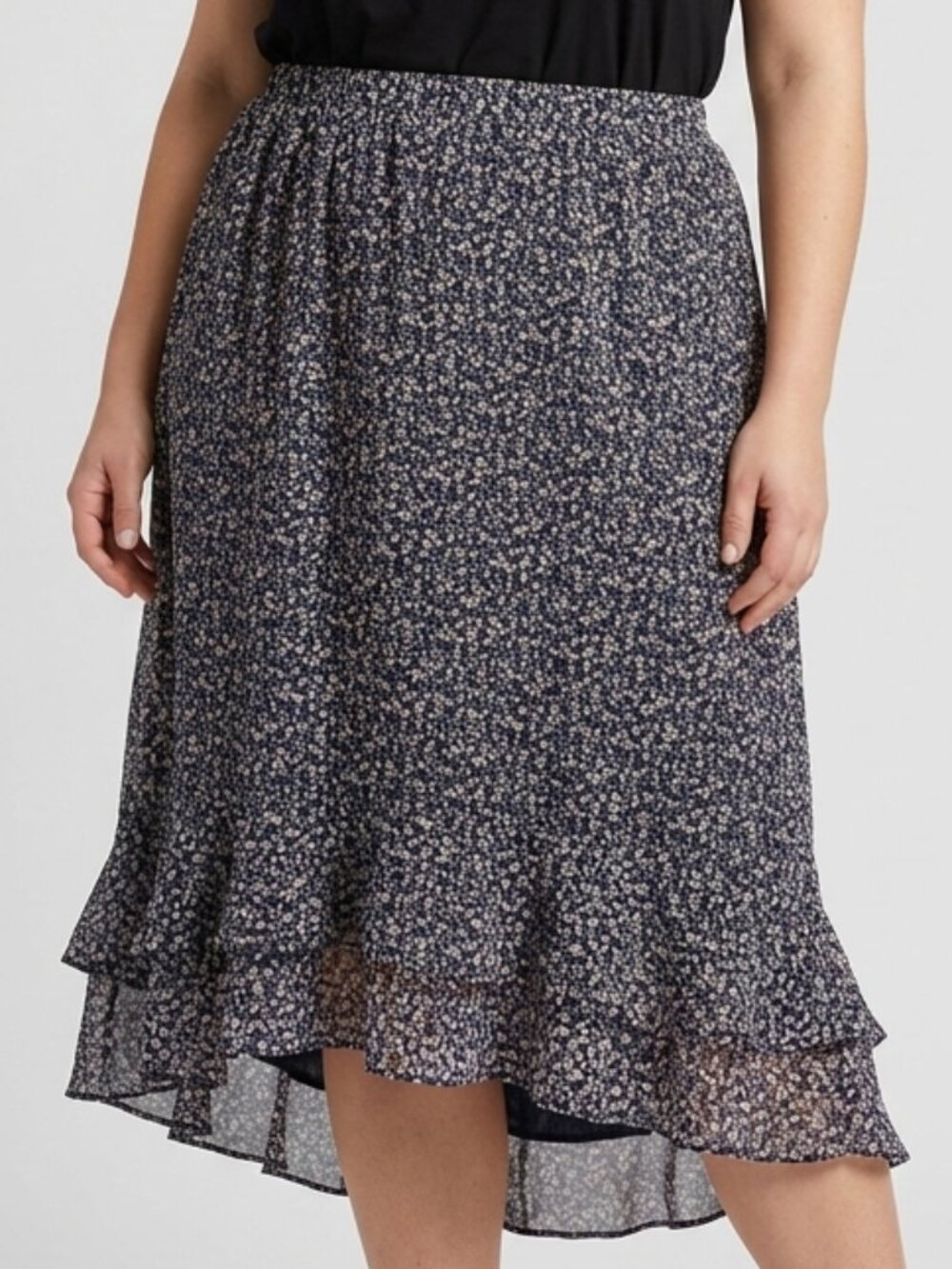 Floral Asymmetrical Chiffon Tiered High-Low Ruffle Maxi Pull On Skirt 18/20 Navy